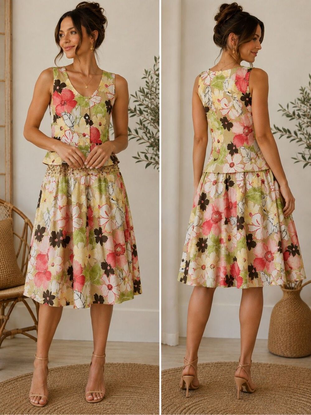 Emma James Petite 2pc Floral Skirt Set Cotton Sequined Waist Garden Party Y2K